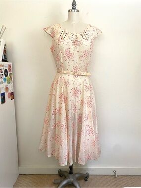 Vintage L/XL Midi Dress Movie Costume Rhinestone Sheer Taffeta Woody Allen Movie